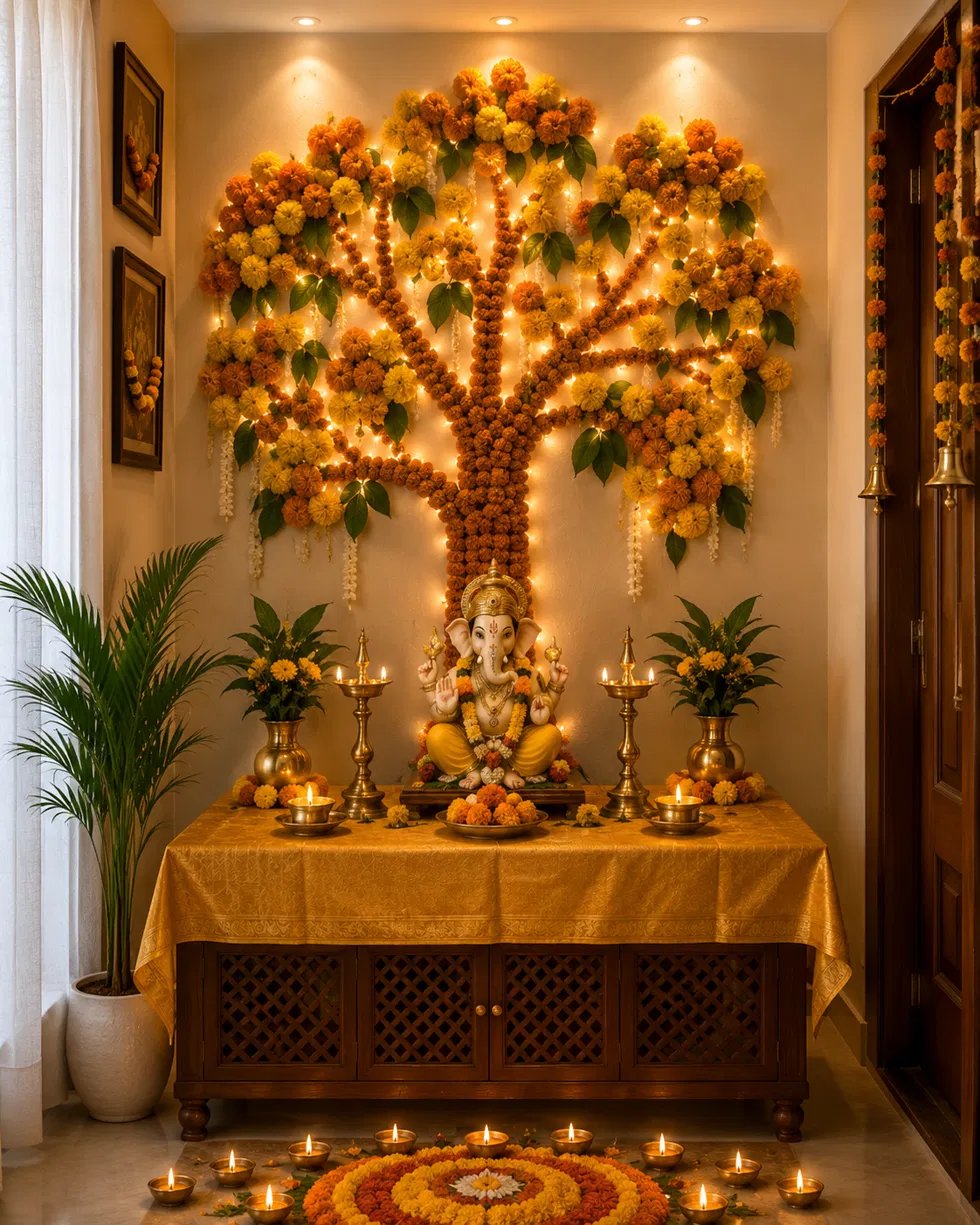 Floral peacock Janmashtami decor